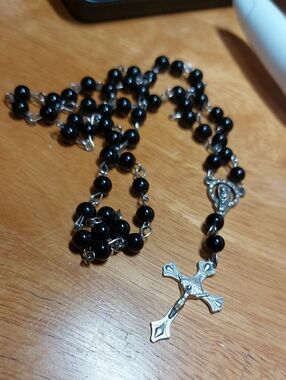 Vintage Italian Black Rosary Beads 24” Glass Catholic Necklace Crucifix